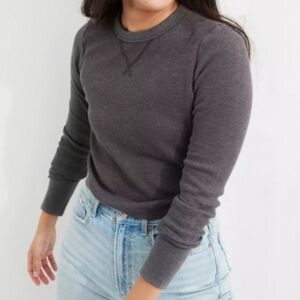 Aerie Gray Waffle Knit Thermal Cropped Long Sleeve Top
